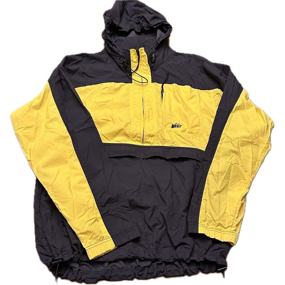 REI Vintage Windbreaker Jacket Unisex Large Half Zip Black Yellow‎ Packable